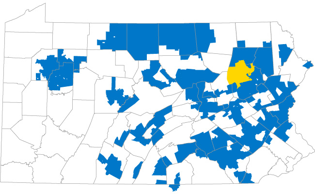 Map of Pennsylvania with counties outlined and UGI Gas Territories shaded in blue and the Electric Territory shaded in yellow